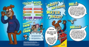 Water safety information with a dog waving